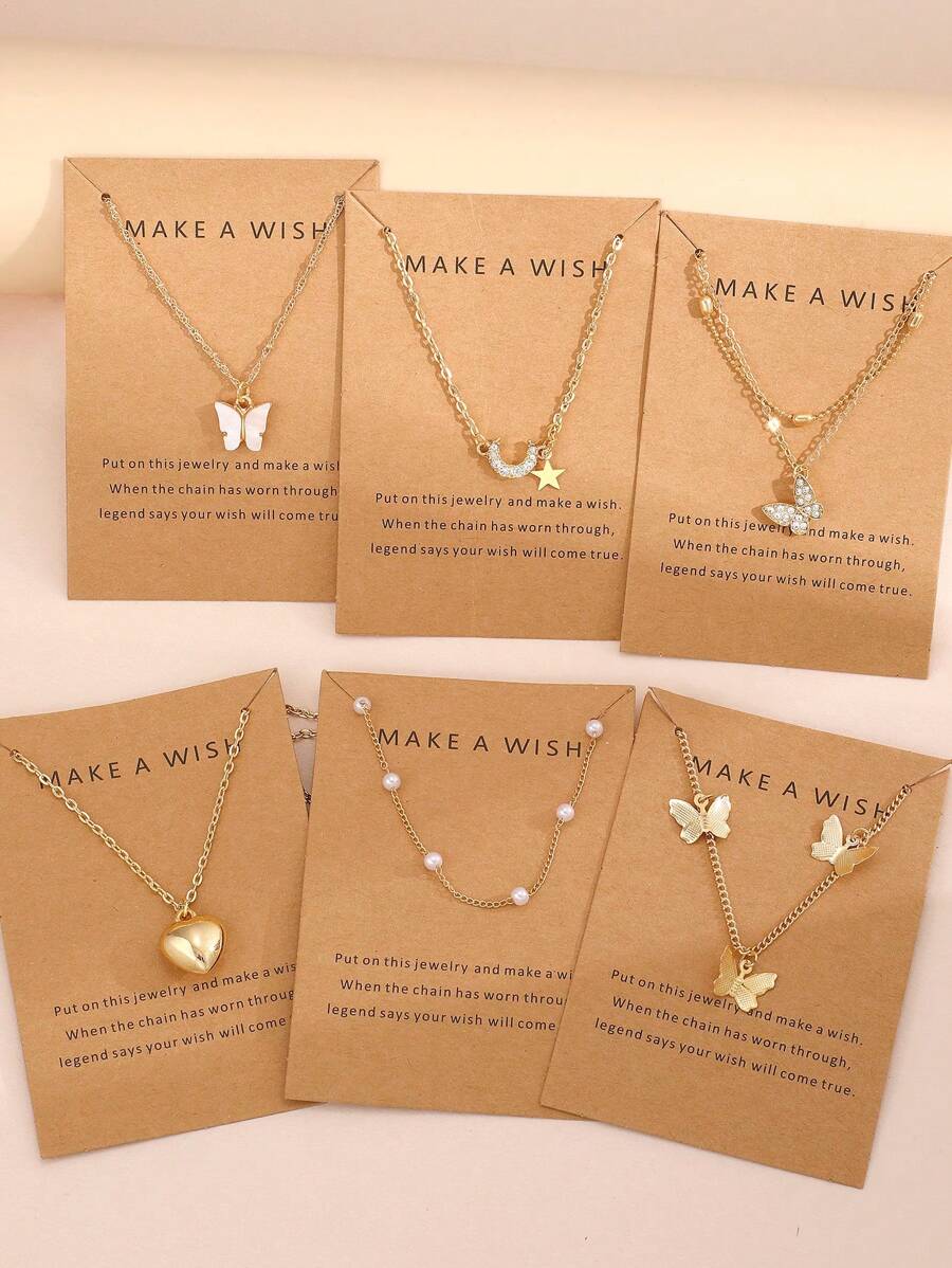 6pcs Minimalist Heart & Moon Pearl Pendant Necklace Set For Women, Great For Holiday, Party, Date, Daily Wear, Gift-Giving (Random Greeting Card Included) - Yellow Gold - View 1