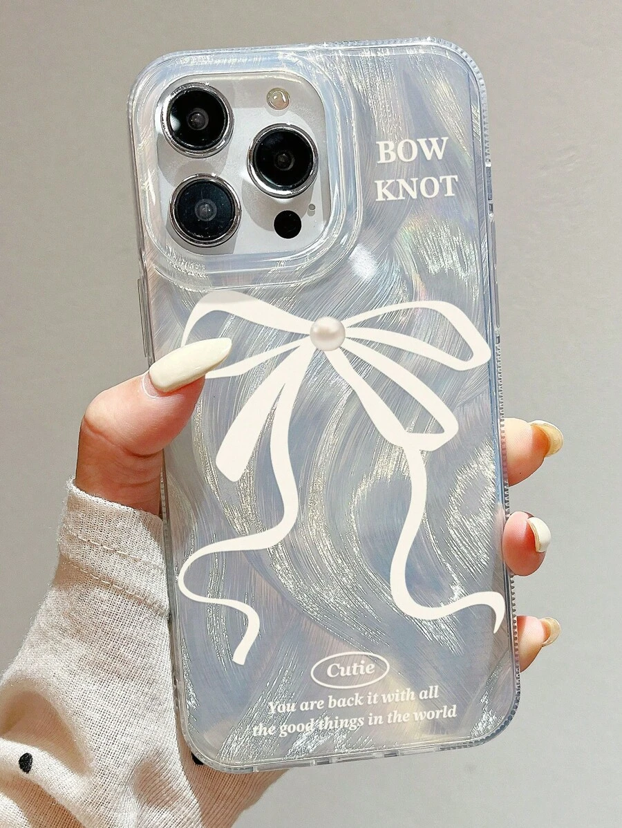 一個羽毛材質的白色緞帶蝴蝶結手機殼，適用於iPhone 11 12 13 14PROMAX 15 - 彩色 - 查看 1