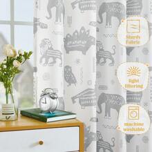 Kids Curtains Nursery Curtains For Girls Bedroom, Grey Safari Animals Curtains, Dinosaur Curtains For Boys Room Light Filtering Window Curtains Grommet Top Set 2 Panels - 灰色 - 查看 3