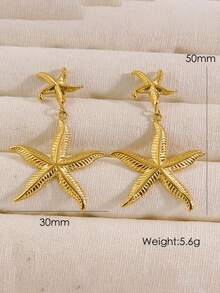 2pcs Simple Beach Style Stainless Steel Starfish Pendant Earrings, 14K Gold Plated, Shiny INS Style Jewelry, Suitable For Teacher's Day Or Festival Gifts, Vacation, Dating And Daily Wear