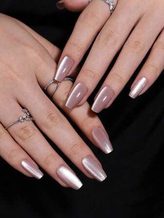 30 piezas de uñas postizas cuadradas cortas de ojos de gato color rosa pálido con brillo, 1 bloque de lijado y 1 juego de uñas de gel de presión, suministros para uñas