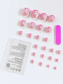 24 件短款、时尚、简约、优雅、法式镶边、花朵图案的假趾甲片，非常适合学生、办公室女士、派对、舞会、婚礼和日常穿着，提升您的魅力，让您在夏天保持凉爽。按压式指甲美甲用品 - 彩色 - 查看 5