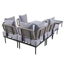 8-Piece L-Shaped Wood Furniture Set, Outdoor Conversation Sets With Tempered Glass Coffee Table And Coffee Table, Water-Resistant(Beige)