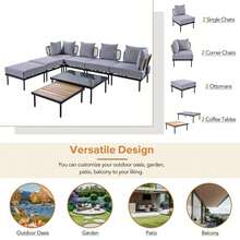 8-Piece L-Shaped Wood Furniture Set, Outdoor Conversation Sets With Tempered Glass Coffee Table And Coffee Table, Water-Resistant(Beige)
