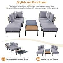 8-Piece L-Shaped Wood Furniture Set, Outdoor Conversation Sets With Tempered Glass Coffee Table And Coffee Table, Water-Resistant(Beige)