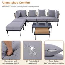 8-Piece L-Shaped Wood Furniture Set, Outdoor Conversation Sets With Tempered Glass Coffee Table And Coffee Table, Water-Resistant(Beige)