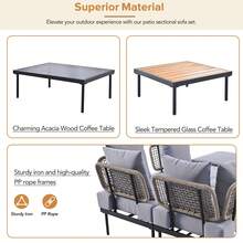 8-Piece L-Shaped Wood Furniture Set, Outdoor Conversation Sets With Tempered Glass Coffee Table And Coffee Table, Water-Resistant(Beige)