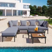 8-Piece L-Shaped Wood Furniture Set, Outdoor Conversation Sets With Tempered Glass Coffee Table And Coffee Table, Water-Resistant(Beige)