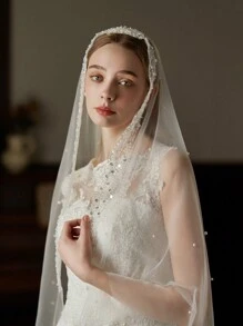 1pc Fashionable Pearl String Bridal Veil, Luxury Sequin Pearl Headpiece, Photo Shoot Veil, Elegant Bridal Accessory - Beige - View 3