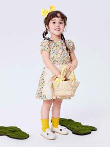 mini bala Nuevo vestido de verano para niña jóven, con estampado floral, mangas de burbuja y un elegante estilo de vestido de princesa - Amarillo - Ver 3