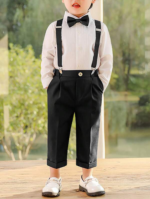 Young Boy Summer British Style Suit Performance Host Formal Outfit With Braces Four Piece Set (Long Pants & Long Sleeve Pleated Shirt & Suspenders & Bow Tie)