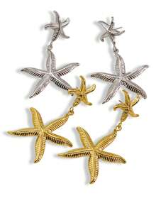 2pcs Simple Beach Style Stainless Steel Starfish Pendant Earrings, 14K Gold Plated, Shiny INS Style Jewelry, Suitable For Teacher's Day Or Festival Gifts, Vacation, Dating And Daily Wear