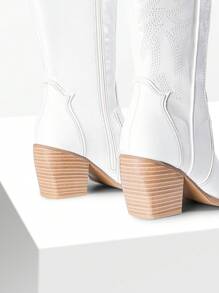 Western Embroidered Knee High Boots For Women, Pull On Zipper Chunky Heel Comfortable Pointed Toe  Wide Calf Cowgirl Cowboy Boots - trắng - Xem 7
