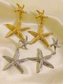 2pcs Simple Beach Style Stainless Steel Starfish Pendant Earrings, 14K Gold Plated, Shiny INS Style Jewelry, Suitable For Teacher's Day Or Festival Gifts, Vacation, Dating And Daily Wear