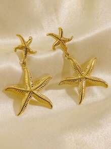 2pcs Simple Beach Style Stainless Steel Starfish Pendant Earrings, 14K Gold Plated, Shiny INS Style Jewelry, Suitable For Teacher's Day Or Festival Gifts, Vacation, Dating And Daily Wear