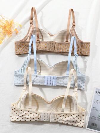 3 förpackningar Kontrastfärg prickiga & blommiga tryckta trådlös tunn bh, underkläder