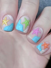 24 piezas de uñas falsas cuadradas cortas y brillantes con diseño de estrella de mar de colores de estilo marino, kit de arte de uñas desmontable de cobertura completa para uso diario, bailes y fiestas. - Multicolor - Ver 7