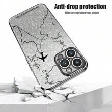 Glitter Paper + Painted Airplane Route Map + Anti-Drop Electroplated Phone Case Compatible With Apple 11/12/13/14/15 Pro Max, Compatible With Samsung S22/23/24+, Compatible With OPPO, Compatible With VIVO, Compatible With Redmi Note 13C, Compatible With HONOR 70/90/X7/X8/X9/X6AB, Compatible With OPPO C55/V29, Made Of TPU Material, Whole Set Of Phone Covers,International Version, Not The Domestic Version - Black - View 4