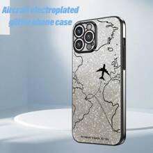 Glitter Paper + Painted Airplane Route Map + Anti-Drop Electroplated Phone Case Compatible With Apple 11/12/13/14/15 Pro Max, Compatible With Samsung S22/23/24+, Compatible With OPPO, Compatible With VIVO, Compatible With Redmi Note 13C, Compatible With HONOR 70/90/X7/X8/X9/X6AB, Compatible With OPPO C55/V29, Made Of TPU Material, Whole Set Of Phone Covers,International Version, Not The Domestic Version - Black - View 3
