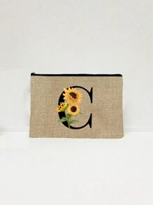 1件套字母印花亚麻拉链包，带零钱包化妆包，向日葵字母亚麻手拿包，教师节礼物，女士生日礼物，旅行收纳包：户外美妆的完美之选！