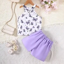 Conjunto de Top Floral sem Manga Halterneck e Shorts com Botões Duplos na Moda para Meninas Pré-adolescentes com Estilo de Férias