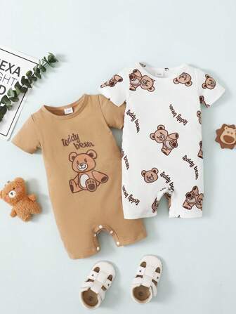 2pcs Cute Baby Boys Short Sleeve Romper With Bear Print, Spring/Summer