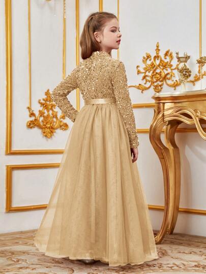 ​ Elegant Girls' Turtleneck A-Line Tulle Dress - Long Sleeves & Structured Silhouette - Perfect For Birthday Parties