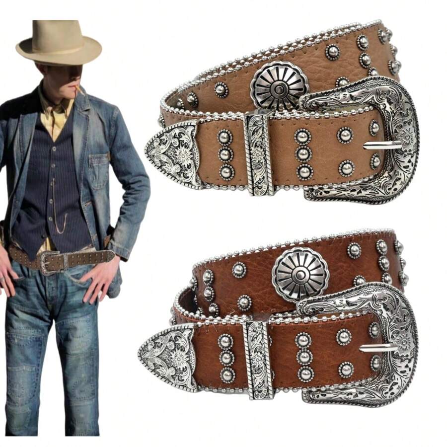 Heavy Duty Western Cowboy Men Punk Rivet Belt Y2K Desert Wasteland ...