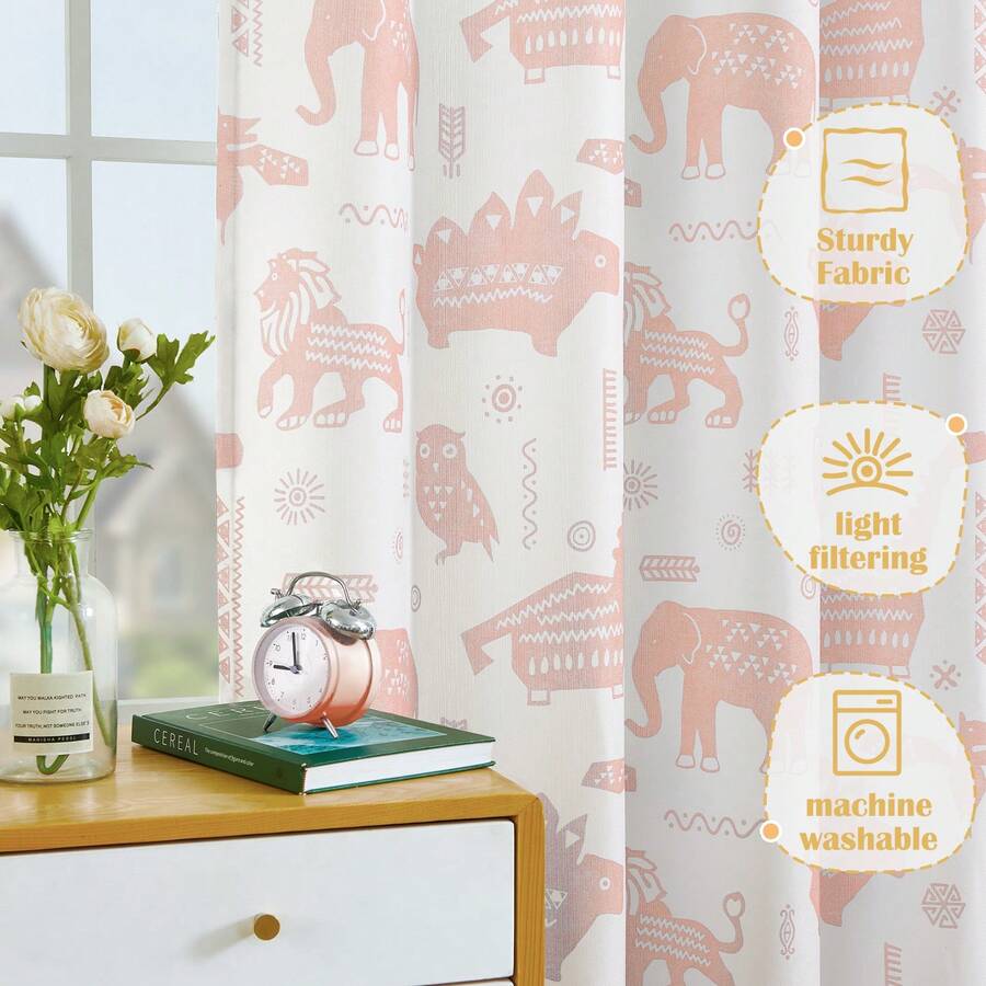 Kids Curtains Nursery Curtains For Girls Bedroom, Grey Safari Animals Curtains, Dinosaur Curtains For Boys Room Light Filtering Window Curtains Grommet Top Set 2 Panels - 粉色 - 查看 1
