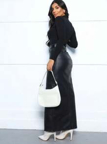 Saia Longa Couro Sintético Saia Midi Feminina Preta Cintura Alta - Preto - Visão 4