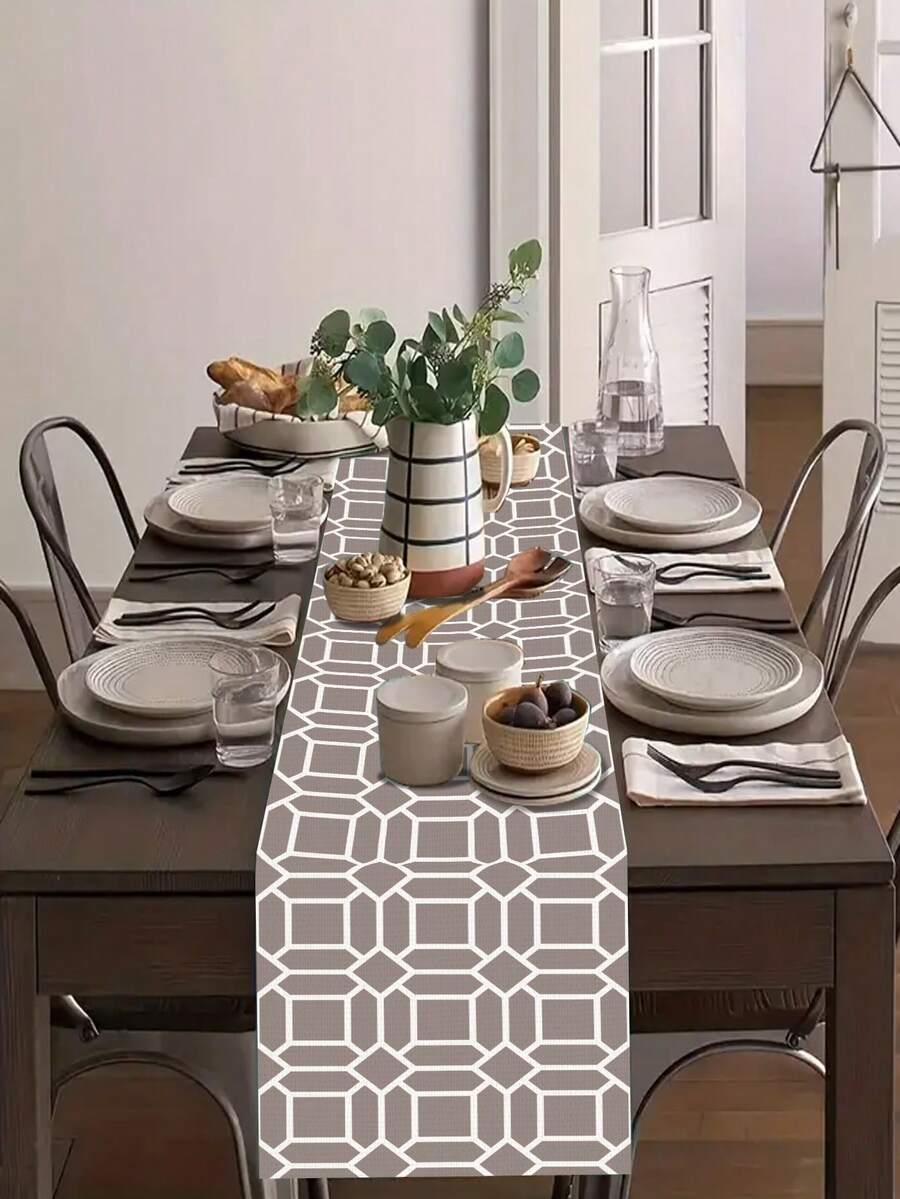 1條亞麻桌布，北歐簡約幾何圖案桌布，季節性紀念廚房桌面跑道和餐墊裝飾，室內/室外家庭派對場景裝飾和室內裝飾禮品 - 1件 - 查看 1