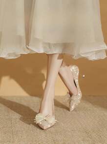 Cómodos zapatos de tacón de 6cm para mujer en color oro champán con puntera puntiaguda y decoración de lazo, adecuados para vestido de novia francés de escote bajo y atuendos de novia, 2 opciones de uso (Novedad 2024) - Dorado - Ver 2