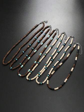 1pc Vintage Men Coconut Shell & Turquoise Beaded Necklace, Men Surfer Vacation Choker