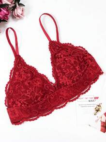 Conjunto de 4 piezas para mujer: Sujetador de encaje sexy, tanga, liguero y medias transparentes, sección delgada para salir - Rojo - Ver 5