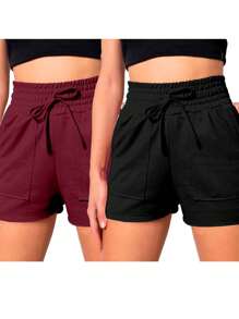 Kit 2 Shorts Feminino Confortável Bermudas Lisa Simples Leve Fresca Verão Praia - Vinho - Visão 1