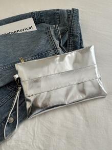 Bolso de mano / muñequera / bolsa de sobre minimalista casual de unicolor brillante y metálico - Plateado - Ver 8
