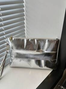 Bolso de mano / muñequera / bolsa de sobre minimalista casual de unicolor brillante y metálico - Plateado - Ver 10