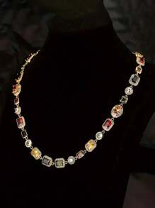 Vintage Luxury Chunky Cubic Zirconia Square Necklace, Elegant Palace Style Exaggerated Unisex Collar Necklace