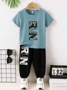 Young Boys' Letter Print Short Sleeve Top + Mid-Length Shorts Casual 2-Piece Set, Summer - Dusty Blue - View 1