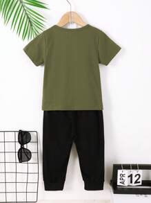 小男孩夏季字母印花短袖上衣+短裤两件套休闲装 - 橄欖綠 - 查看 7