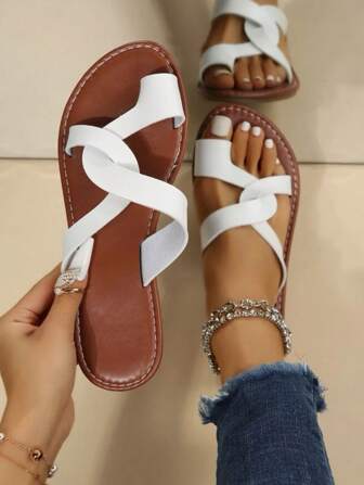 女性夏季假日平底開放式趾部交叉滑動涼鞋