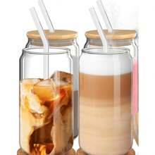 1 Pcs Glass Cups With Bamboo Lids And Straws Iced Coffee Cup For Ice Coffee Bar Accessories | Aesthetic Cute Drinking Glasses For Home Essentials Housewarming Gift 16oz - 杏色 - 查看 1