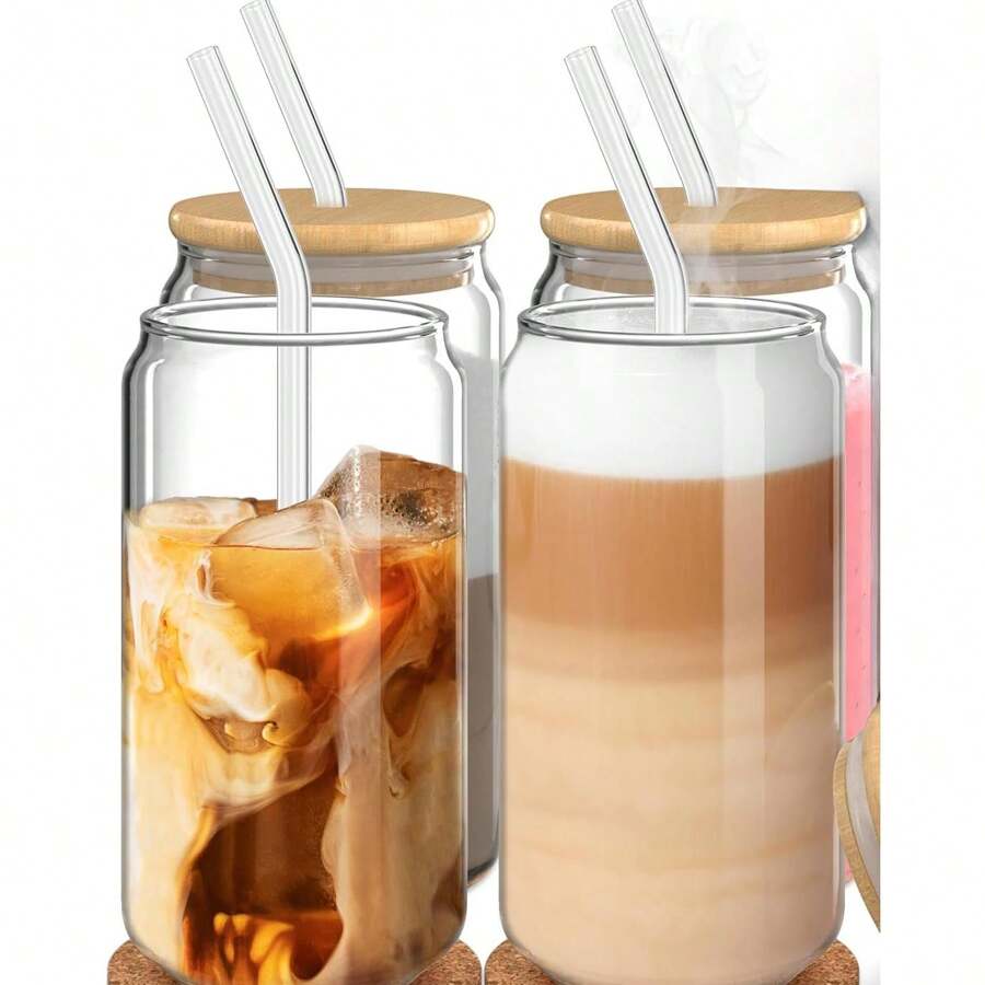 1 Pcs Glass Cups With Bamboo Lids And Straws Iced Coffee Cup For Ice Coffee Bar Accessories | Aesthetic Cute Drinking Glasses For Home Essentials Housewarming Gift 16oz - 杏色 - 查看 1