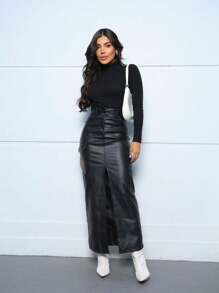 Saia Longa Couro Sintético Saia Midi Feminina Preta Cintura Alta - Preto - Visão 1