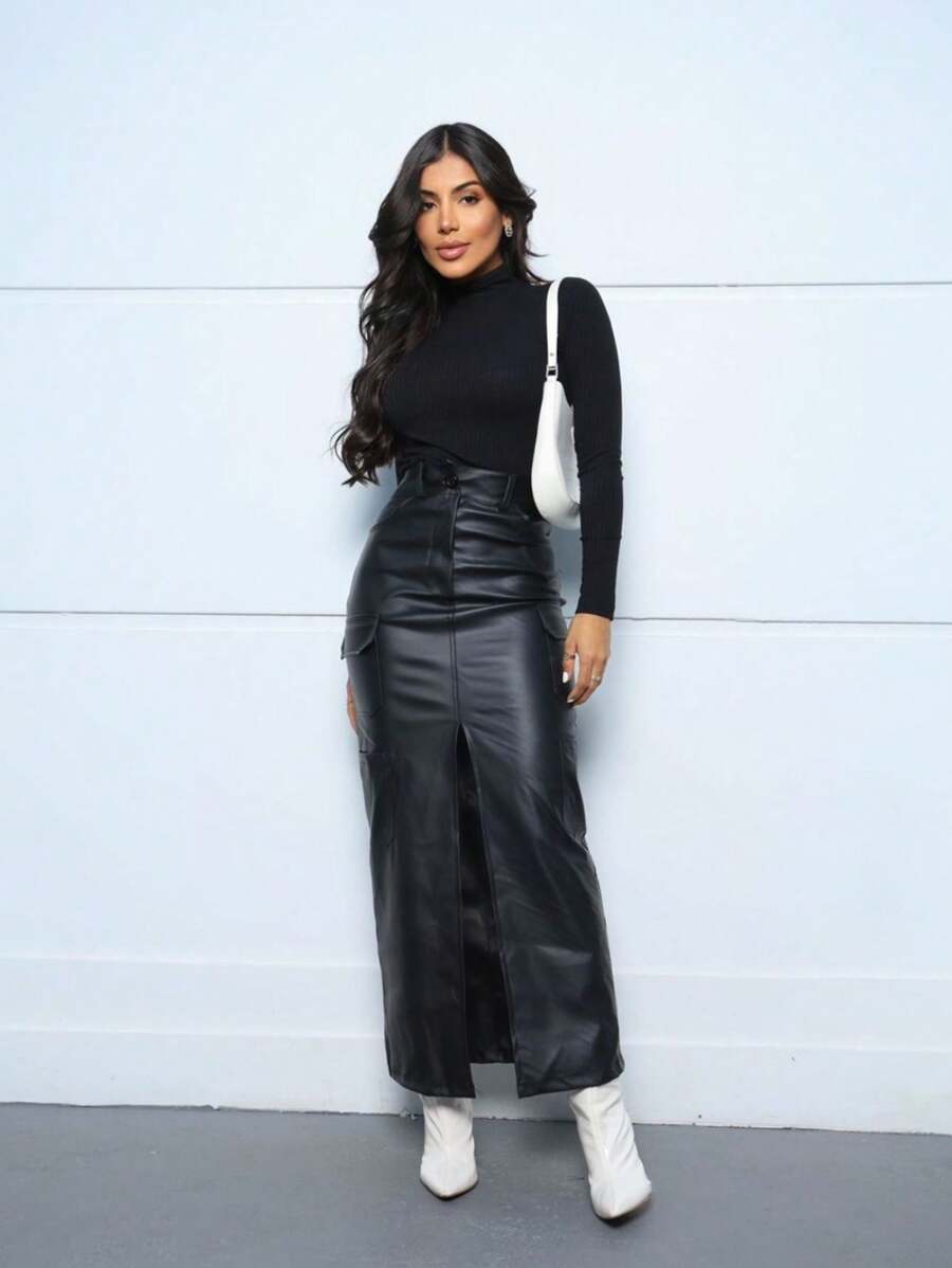 Saia Longa Couro Sintético Saia Midi Feminina Preta Cintura Alta - Preto - Visão 1