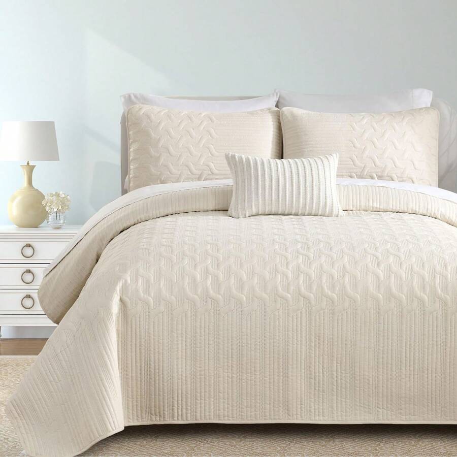 3 Pieces Quilt Set Lightweight Bedspread Ultrasonic Diamond Pattern Soft Microfiber Coverlet Bedding Sets For All Season Modern Style  With 2 Pillow Shams,Wedding Items,Valentines Day Home Bed Room Decor,Mothers Day Gift - 米色波 - 查看 1