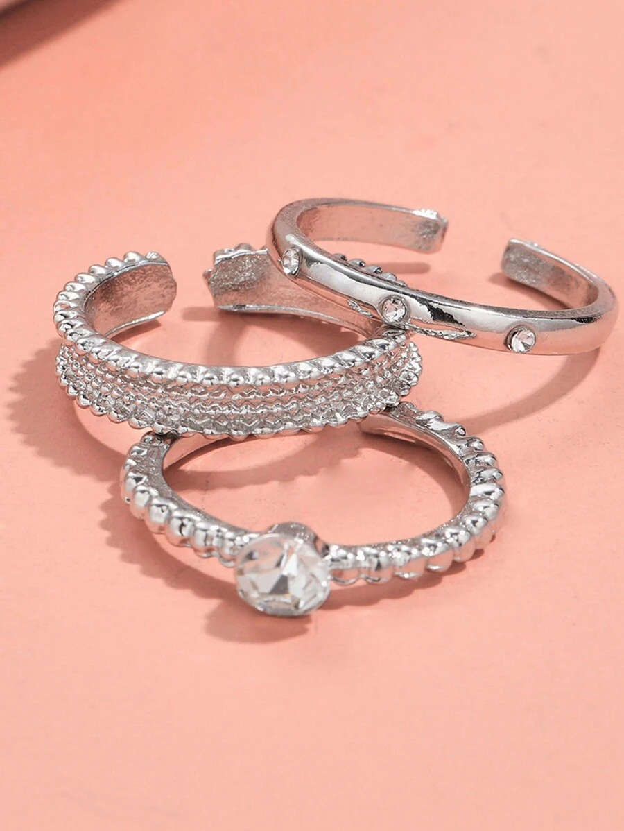3Pcs Minimalist Luxury Metal Rings With Zirconia, Exclusive High Quality Design - Silver - View 1
