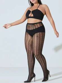 1pair Plus Size Women Fishnet Tights Large Mesh Sexy Black Stockings To Show Thin - Black - View 3