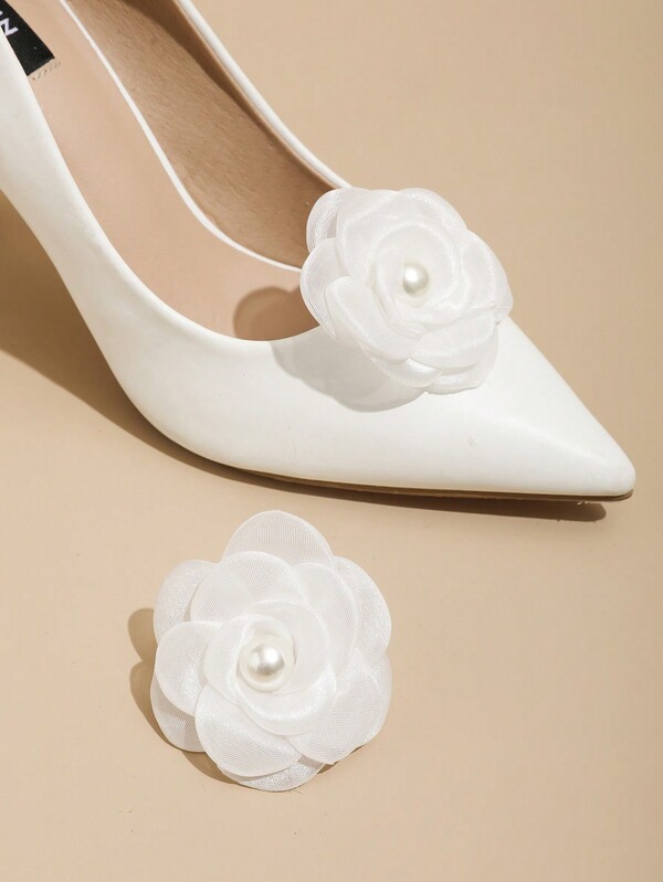 1 Pair (2pcs) White Pearl Polyester Rose Flower Detachable DIY Shoe Clips, Fashion Elegant Shoe Accessories For Women High Heels, Pumps, Dress Shoes, Office, Business, Date Outfit