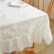 1入防水白色桌布，配有繡花邊緣 - 白色 - 查看 5